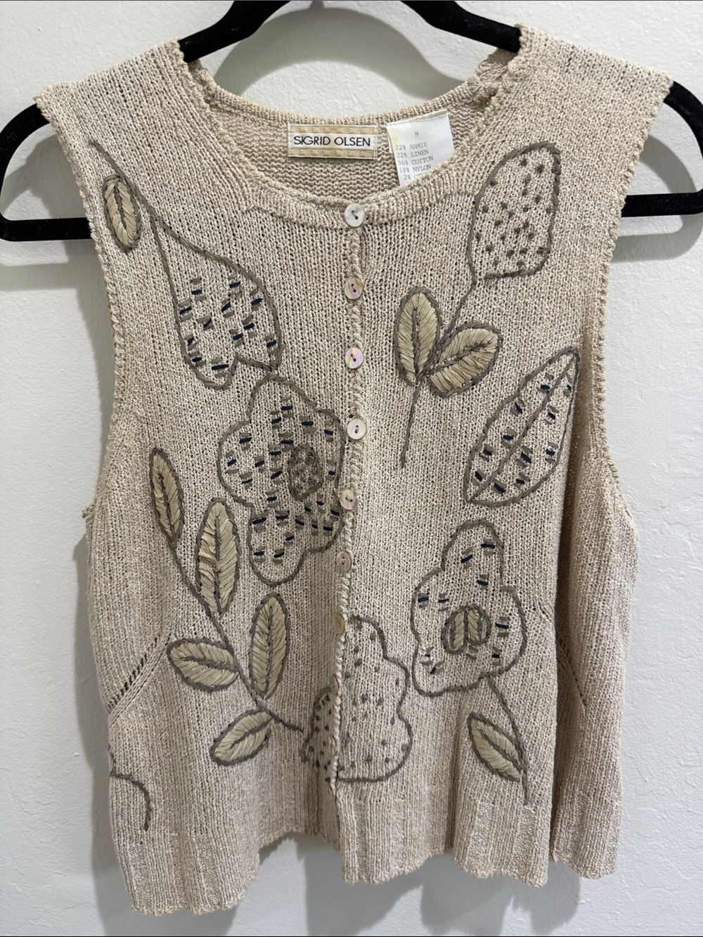 Vintage Sigrid Olsen Neutral Beige Embroidered Button-Front Sleeveless Cardigan